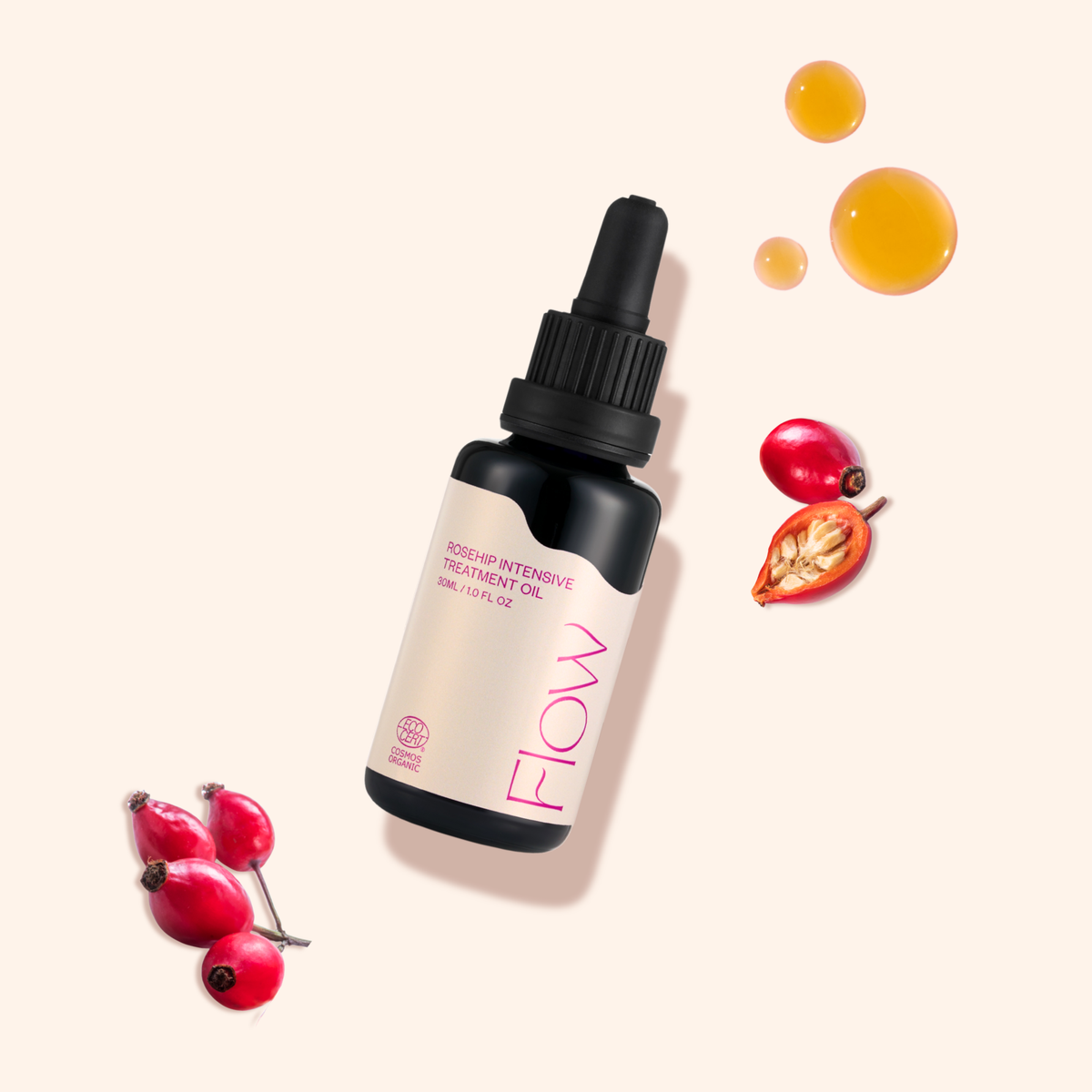 Flow Cosmetics Rosehip Intensive Treatment Oil -ruusunmarjaöljy herkälle iholle Ecocert Cosmos Organic