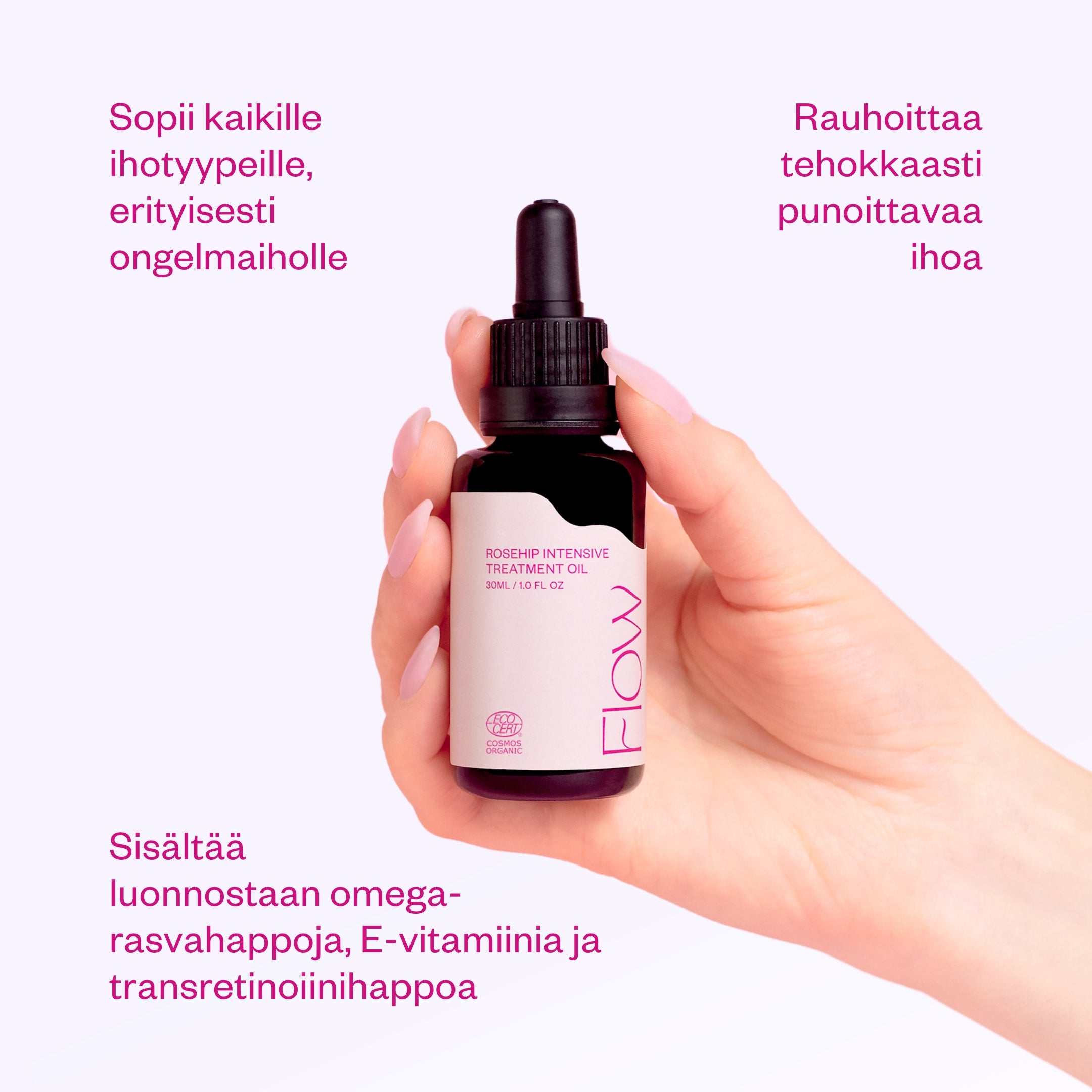 Rosehip Oil ruusunmarjaöljy herkälle ja haasteelliselle iholle