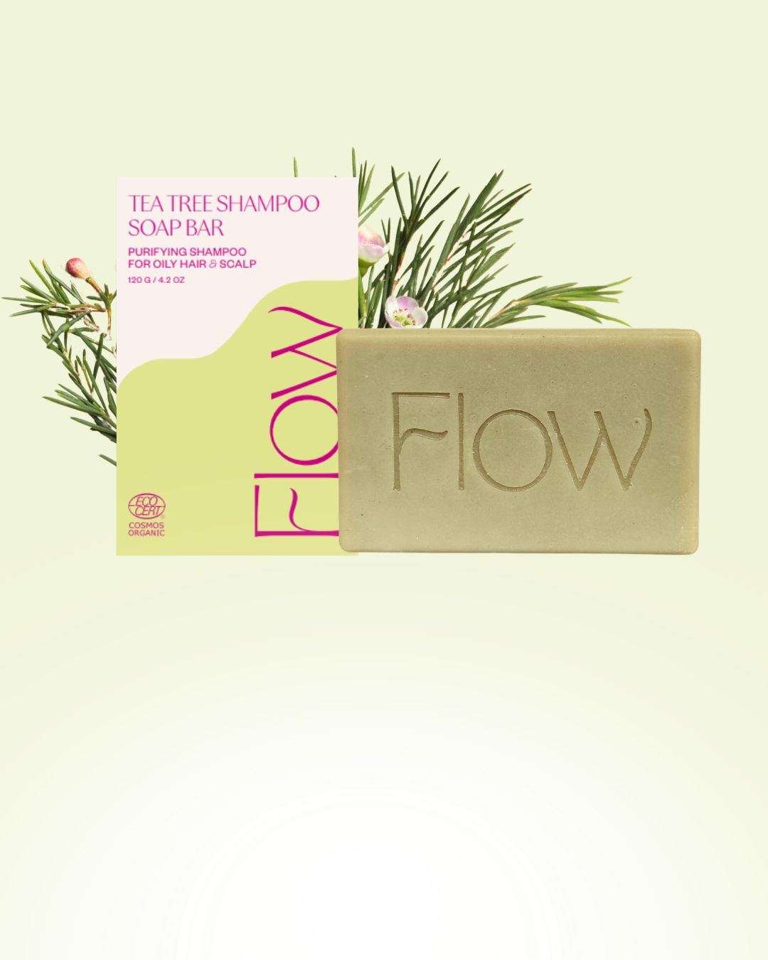 Teepuushampoopalasaippua rasvoittuville hiuksille, Ecocert-sertifioitu, valmistettu Riihimäellä Flow Cosmetics-tehtaalla
