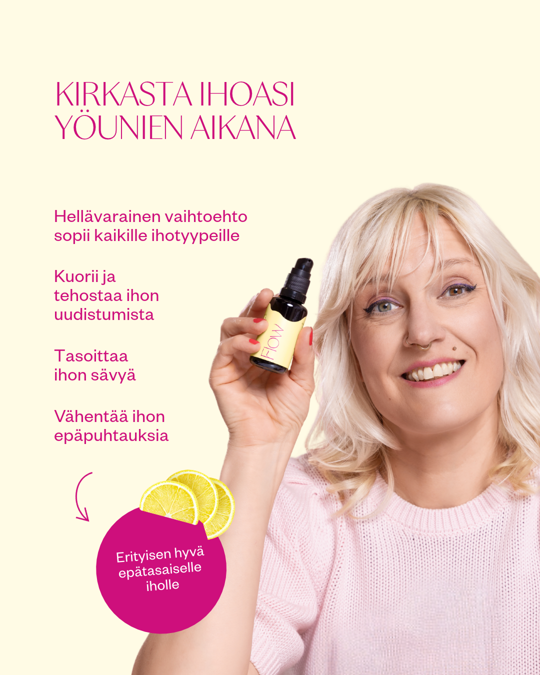 Flow Cosmetics AHA & BHA Peeling Serum -yöseerumi uudistaa ihoa tehokkaasti yöunien aikana