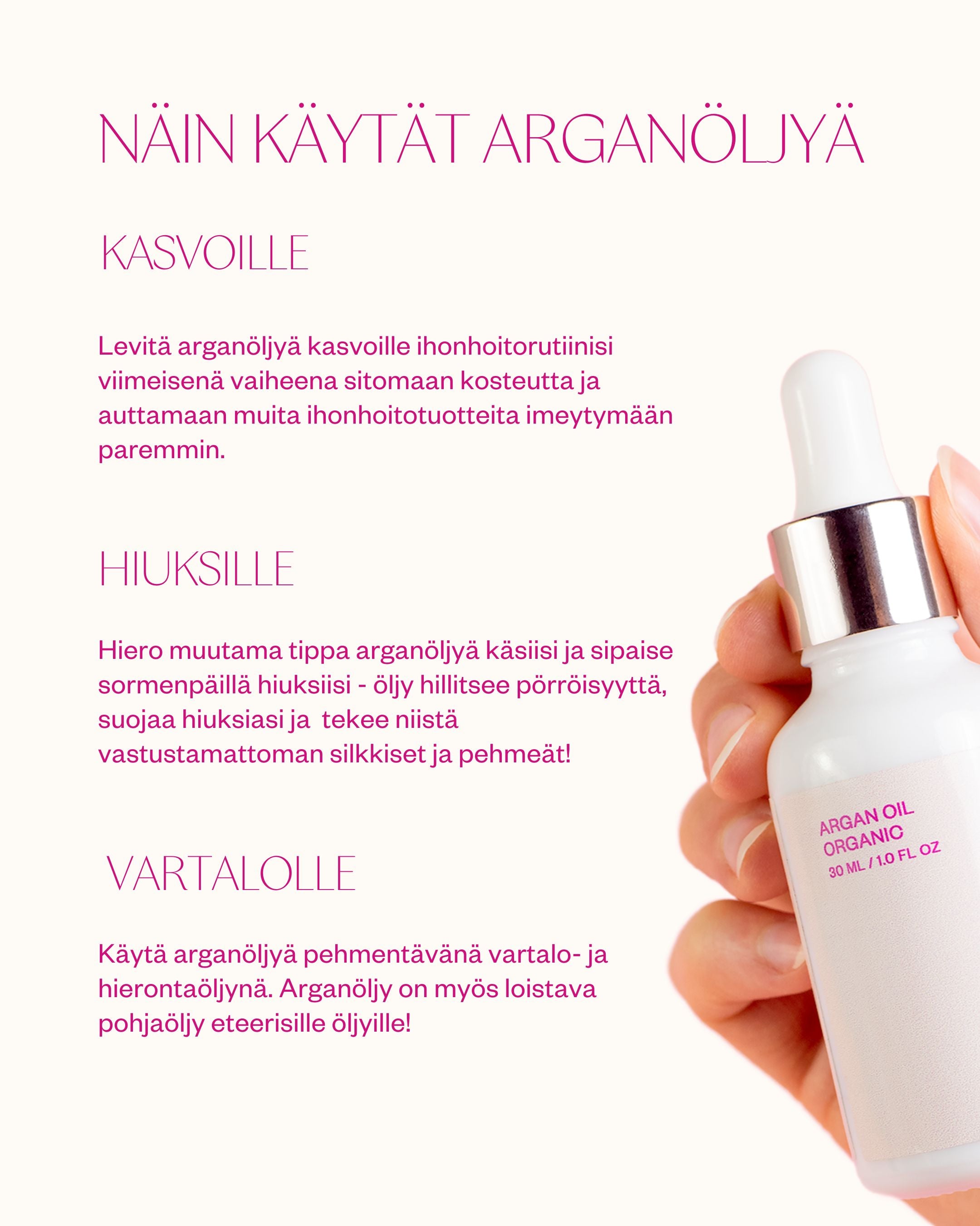 Luomu arganöljy kasvoille, vartalolle ja hiuksille 30ml