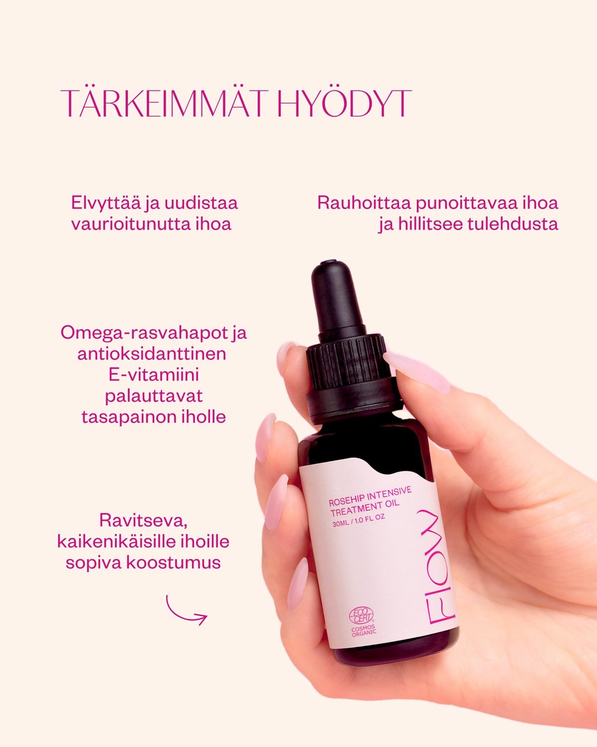 Rosehip Intensive Treatment Oil hoitoöljy herkälle ja haasteelliselle iholle