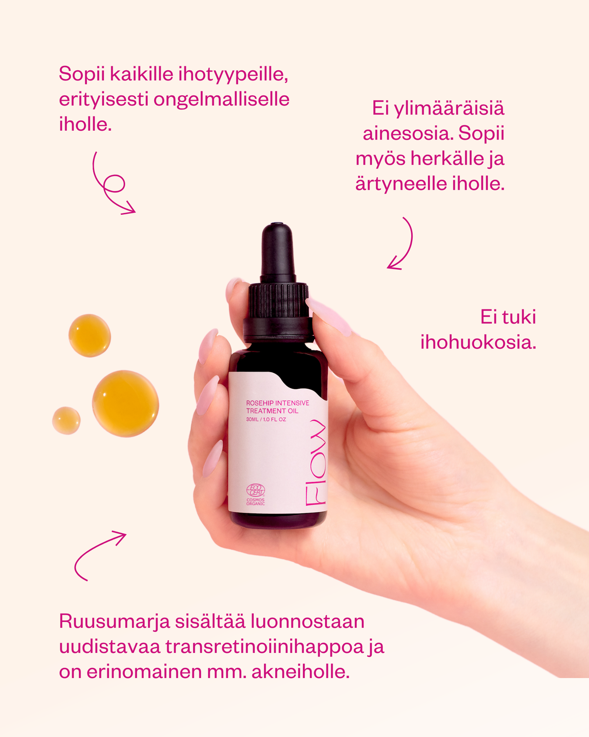 Rosehip Intensive Treatment Oil hoitoöljy herkälle ja haasteelliselle iholle